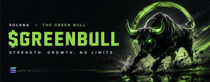A crypto promotional graphic featuring a green glowing bull with the text 'SOLANA | THE GREEN BULL', '$GREENBULL', and the tagline 'STRENGTH. GROWTH. NO LIMITS.'