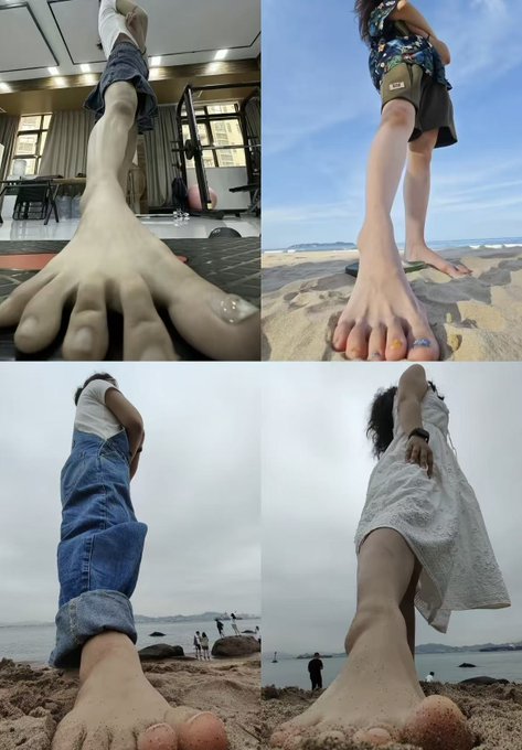 A four-panel collage showing creative forced-perspective photographs of giant feet next to people, captured in settings including a gym, beach, and rocky shore.