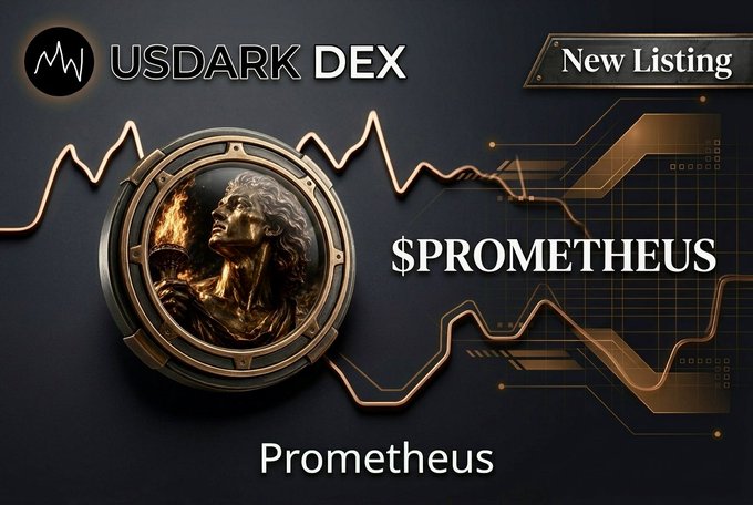 A promotional graphic for 'USDARK DEX' announcing a 'New Listing' for the token '$PROMETHEUS', featuring a circular emblem with a burning figure.