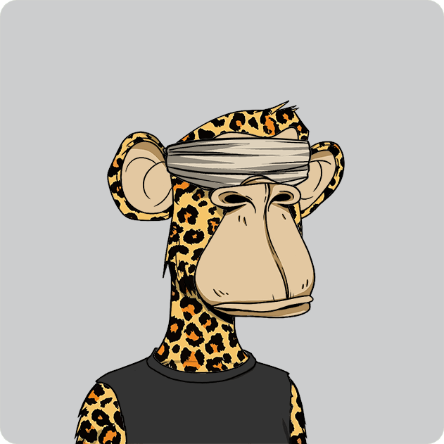 A cartoon-style illustration of a leopard-spotted Bored Ape with a beige bandana covering its eyes, wearing a black shirt. The image represents Ape #2346 from the Bored Ape Yacht Club collection, shown as part of a 10.4 ETH purchase.