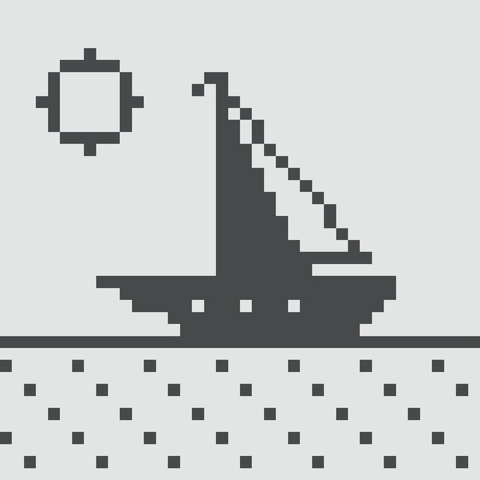 A minimalist 1-bit pixel art image showing a sailboat on water with a grid-like pattern of dots, under a square sun in a light gray sky.