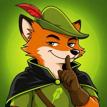A cartoon fox dressed as Robin Hood, wearing a green hat with a red feather and a cape, holds a finger to its lips in a "shh" gesture. The sly, secretive expression visually ties into the post's hype about the $FOX token pumping 70%, playing on the sneaky/surprising nature of the sudden price surge.