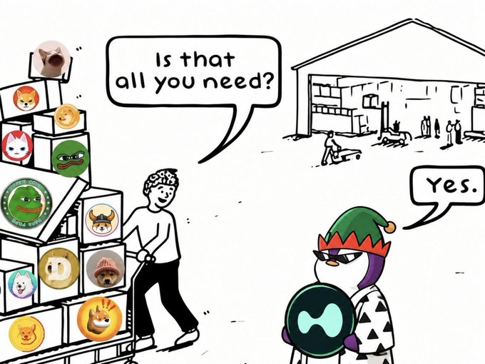 A cartoon illustration shows a person pushing a hand truck loaded with stacked boxes of meme icons, asking 'Is that all you need?' to a character in an elf hat responding 'Yes.'
