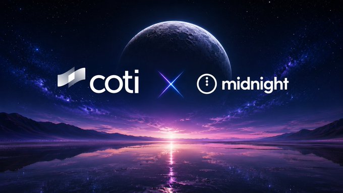 The image features a large, colorful planet against a dark purple sky, creating an otherworldly atmosphere. The text "COTI x Midnight" is written above the planet, while "MidnightNtwrk" is below it. This suggests that COTI and MidnightNtwrk are collaborating to advance privacy protocols in the Web3 space. The post also mentions a shared mission between these two companies, which could be related to privacy or data protection.