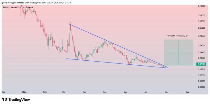 The image displays a daily candlestick chart for FLOW/USDT on Binance from TradingView (dated July 29, 2026), showing a broken falling wedge pattern with blue trendlines converging toward the apex near $0.0250, accompanied by a green projection box targeting $0.02044 and extending upward. This visually supports the post's claim of a bullish breakout, with the wedge breakout and projected 60-92% gain aligning with the anticipated 70-80% rise noted in the caption.