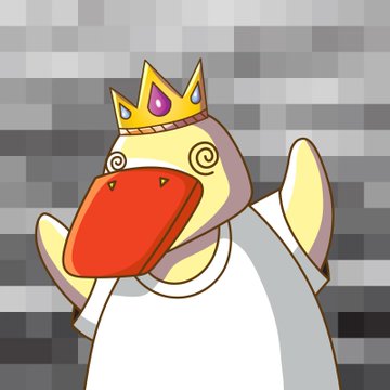 A digital illustration of a yellow cartoon duck-like character wearing a gold crown with red and blue jewels, featuring a large red bill and dizzy spiral eyes against a transparent checkered background.