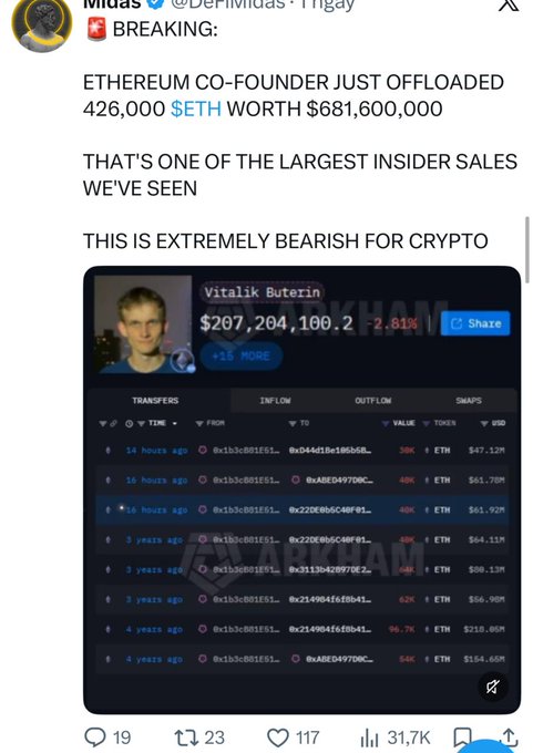 The image features a Twitter account with a post about an addiction to Etherium coins, which are worth $ETH. The post includes a screenshot of a table displaying the names of people who have contributed to the addiction. The account also mentions that the person contributing to the addiction is a girl named "Vittik Buterin". The post concludes by stating that the addiction has sold up to nearly 700 mil Etherium coins, and the account is now selling them for $ETH.