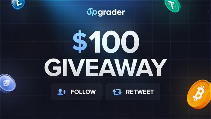 Promotional graphic from Upgrader announcing a "$100 GIVEAWAY," featuring follow and retweet call-to-action buttons surrounded by cryptocurrency coin icons like Bitcoin and Litecoin, matching the post's contest details to win $100 USDC.