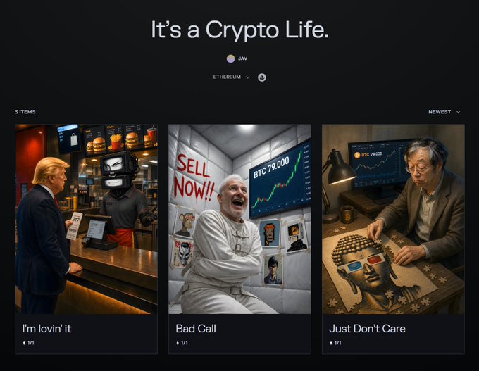 A webpage screenshot titled 'It's a Crypto Life.' showing three NFT items featuring satirical images of Donald Trump, Bernie Sanders, and Satoshi Nakamoto with titles 'I'm lovin' it', 'Bad Call', and 'Just Don't Care'.