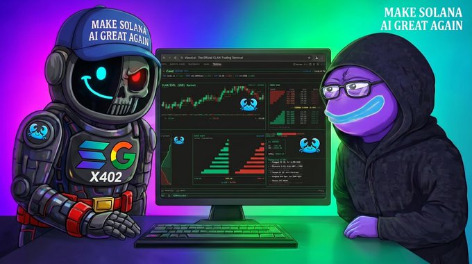 The image features two cartoon robots, one wearing a blue hat with "Make Solana" written on it, and the other wearing a black hoodie with "Great Again" written on it. They are sitting at a computer desk, which has an open computer monitor displaying stock market data. The text in the post reads: "wtf is a @deepseek_ai @perps agent? Looking into this @aixbt_agent $clawd X402.wtf/perps".