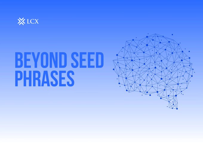 A promotional graphic for 'LCX' featuring the text 'BEYOND SEED PHRASES' alongside a stylized digital brain illustration.