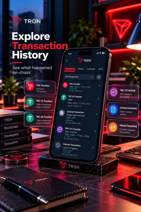A TRON-branded promotional graphic advertises “Explore Transaction History” and “See what happened on-chain,” with a phone showing TRC-10, TRC-20, TRC-721, contract, NFT, and internal transaction categories.