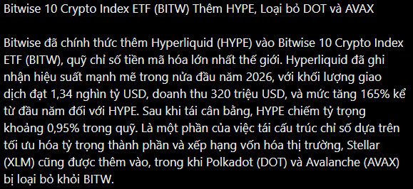 A Vietnamese-language news article about Bitwise adding Hyperliquid (HYPE) to its Bitwise 10 Crypto Index ETF (BITW), while removing Polkadot (DOT) and Avalanche (AVAX).