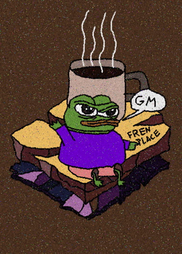 A cartoon Pepe the Frog wearing a purple shirt sits on a piece of bread next to a steaming coffee mug with a speech bubble saying "GM" and another labeled "FREN PLACE." The cozy morning scene pairs with the post's "Good morning fren" greeting, illustrating a classic crypto-twitter morning ritual shared between friends.