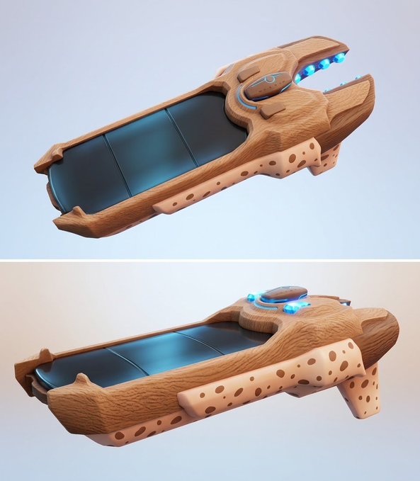 Two 3D rendered images of a futuristic wooden gun with blue glowing accents and spotted handle details.