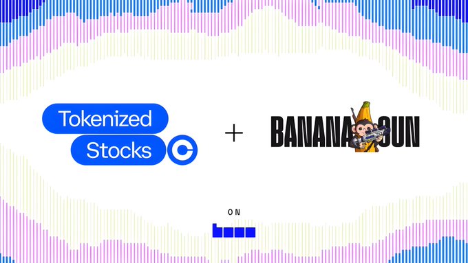 The image features the "Tokenized Stocks" logo on Coinbase alongside the "Banana Gun" logo, connected by a plus sign, set against a colorful wave-pattern background. It visually announces the partnership where Banana Gun is one of the first bots to trade Coinbase's newly live tokenized stocks on Base, as highlighted by the "ON Base" tag at the bottom.