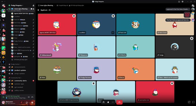 A Discord voice channel titled "Inner Igloo Meeting" with 10 participants shown as Penguin avatars in a 4x4 grid layout, including users like Lucziferz, Pack Life, NeickCloud, Collavinzardi, Rigojms, Stitchy, Pudgy Partners, Fatina, Pabio- B2B Programming, Langjiiles, and Pator, alongside sidebar announcements for product updates and design community alerts.