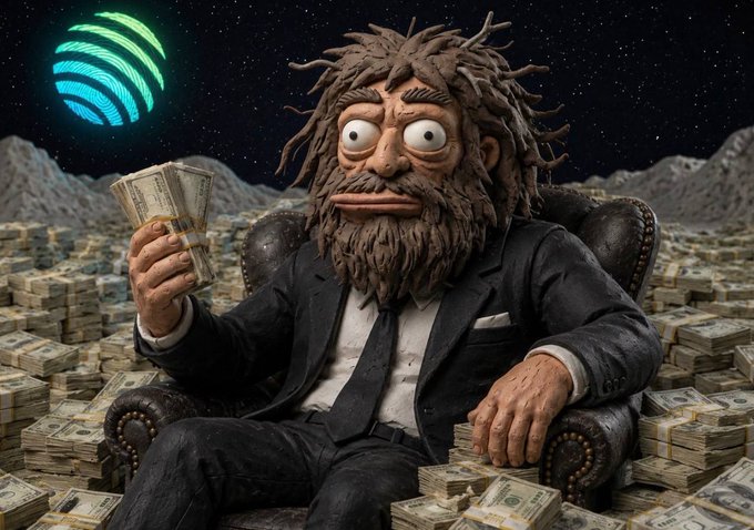 The image features a cartoon character, possibly a man or a woman with a beard, sitting in an office chair surrounded by stacks of money. The character appears to be holding up some money as if they are about to make a deal or celebrate their wealth. The background is dark and filled with mountains, creating a contrast between the character's financial success and the natural environment surrounding them. The caption at the bottom of the image reads "This is the first original token idea from Jupiter ever".