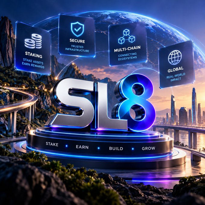 A futuristic 3D promotional graphic displays the stylized "Sl8" logo on a glowing circular pedestal surrounded by four feature panels labeled "Staking," "Secure," "Multi-Chain," and "Global," with the platform's value proposition "Stake • Earn • Build • Grow" displayed at the base. The image visually reinforces the post's focus on Sl8's SSLX token ecosystem by highlighting the four core pillars that enable incentivized liquidity pools and staking rewards for holders.