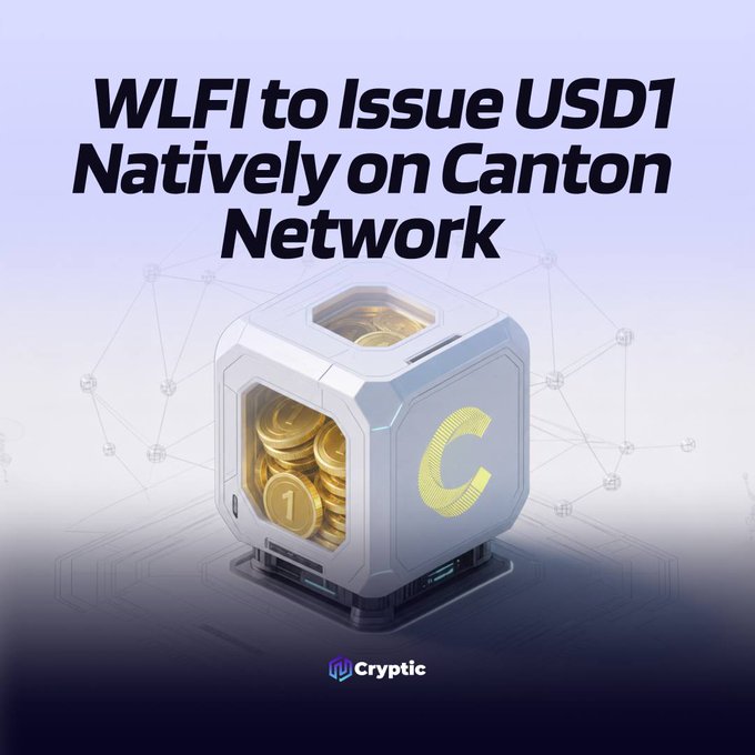 A Cryptic article header reading 'WLFI to Issue USD1 Natively on Canton Network,' featuring a futuristic cube filled with gold coins and a yellow 'C' logo.