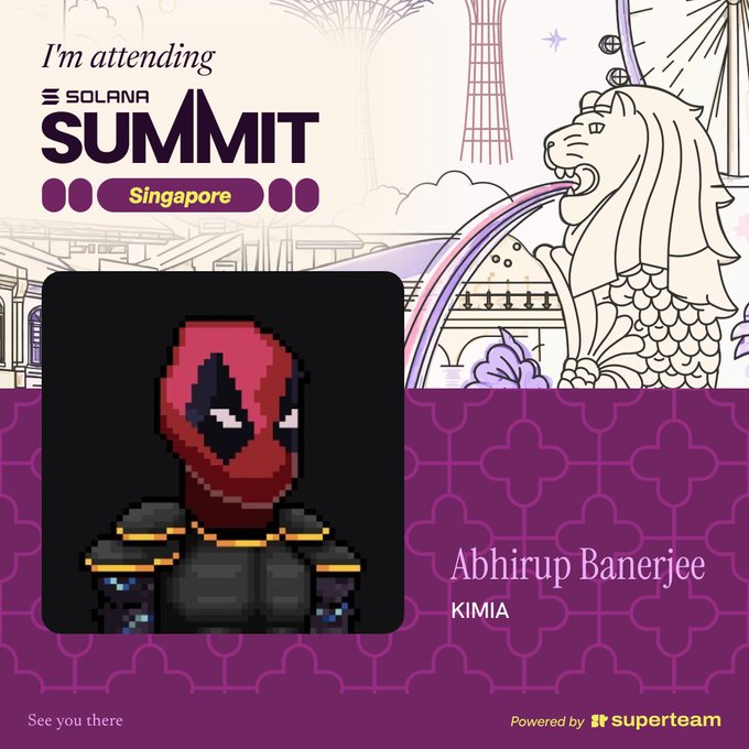 A Solana Summit Singapore promotional graphic announcing 'I'm attending' for user 'Abhirup Banerjee' (KIMIA_), featuring a pixel-art Spider-Man avatar, the Merlion, Singapore Flyer, and Supertree, powered by Superteam.