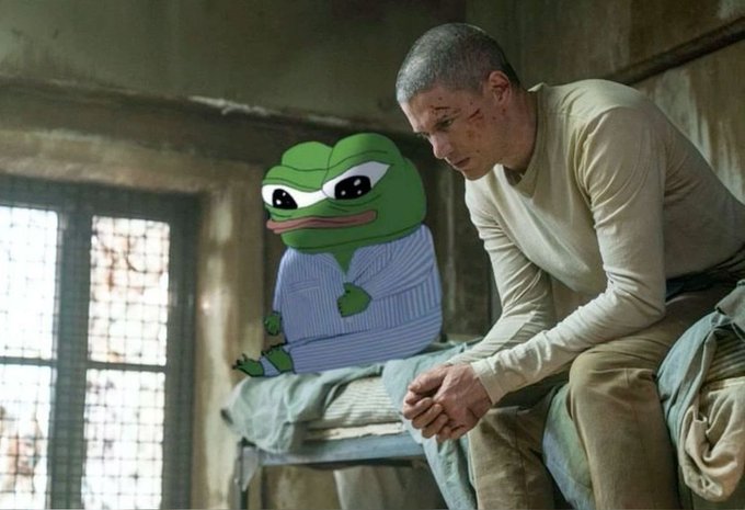 A humorous edited image of a Pepe the Frog character in a prison uniform sitting on a bunk bed next to a man.