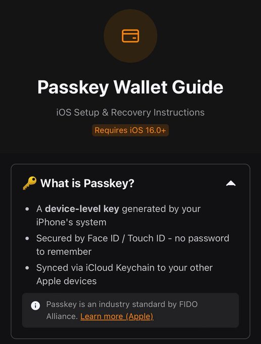 A dark-themed digital infographic titled "Passkey Wallet Guide - iOS Setup & Recovery Instructions," requiring iOS 16.0+ and explaining what a Passkey is.