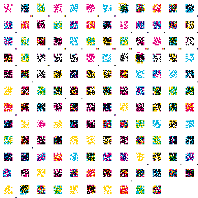 A grid-like display of small, colorful, pixelated figures or creatures in various vibrant color combinations.