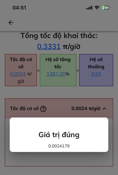 A screenshot from the Pi Network app displays a total mining rate of 0.3331 π/hour, calculated from a base rate of 0.0024 π/hour multiplied by a bonus factor of 1387.35% and a multiplier of 9.93, with a pop-up confirming the correct value of 0.0024179. This relates to the post's discussion about predicting the Pi mining rate for August 2026, as it shows the current calculation method that would determine future rates.