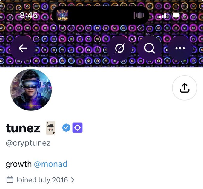 A mobile screenshot of an Instagram profile for 'tunez' (@cryptunez) with a bio reading 'growth @monad' and 'Joined July 2016', featuring a futuristic avatar.