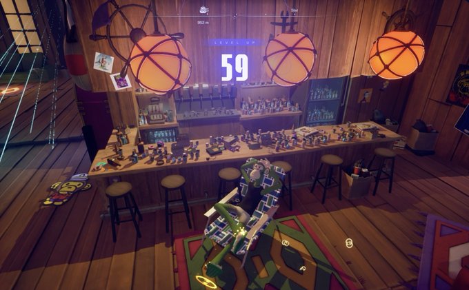 A first-person view from a video game showing a wooden interior, a bar area with bottles, hanging globe lights, and a scoreboard reading 'CYCLE 99' and '59'.