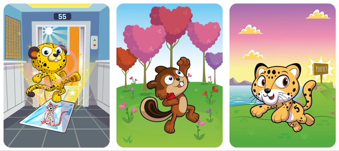 Three-panel cartoon illustration showing a cheetah in an elevator, a chipmunk with a red heart balloon among heart-shaped trees, and a running cheetah in a grassy landscape.