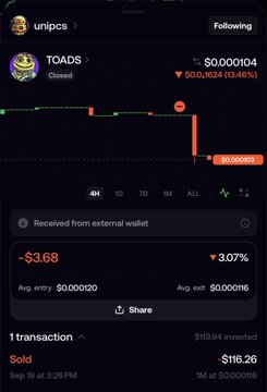 The screenshot shows a wallet named "unipcs" that sold 119.94M TOADS tokens for $116.26 (≈ $0.000116 each) on September 18 at 3:26 PM, with the token's price having dropped 13.45% that day. This relates to the post's mocking reference to a "nice latte," implying the user's large TOADS investment yielded a trivial return following the sharp price decline.