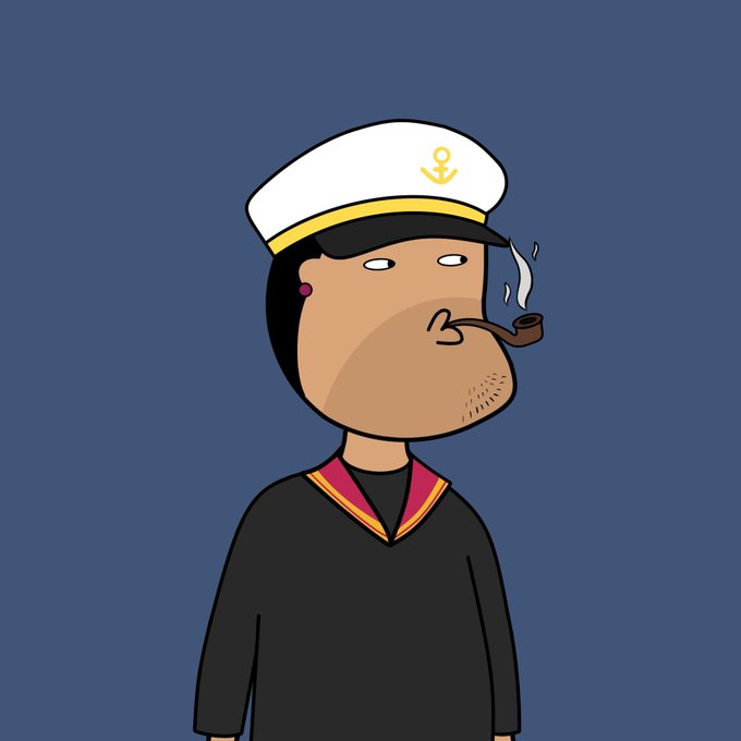 A cartoon illustration depicts a sailor character with a white captain's hat featuring a gold anchor emblem, smoking a pipe, and wearing a black uniform with red and yellow trim.