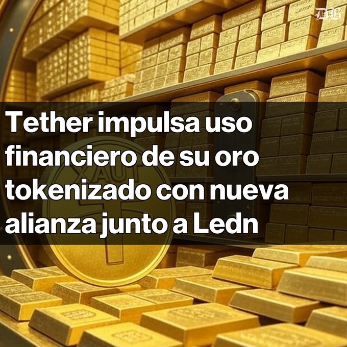 Tether (DB) news graphic in Spanish stating 'Tether impulsa uso financiero de su oro tokenizado con nueva alianza junto a Ledn', shown over gold bars.
