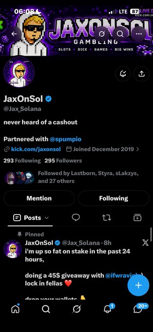A Twitter/X profile for "JaxOnSol" (@Jax_Solana) with the bio "never heard of a cashout," partnered with @spumpio, showing pinned posts about Solana staking.