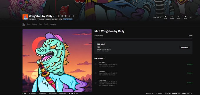 A webpage screenshot of 'Winston by Rally' NFT collection showing the 'Mint Winston by Rally' page with an illustration of a teal dragon-like creature smoking a cigar against a sunset background.