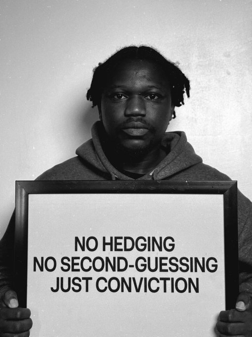 A black-and-white photo of a young man holding a framed sign that reads: "NO HEDGING NO SECOND-GUESSING JUST CONVICTION".