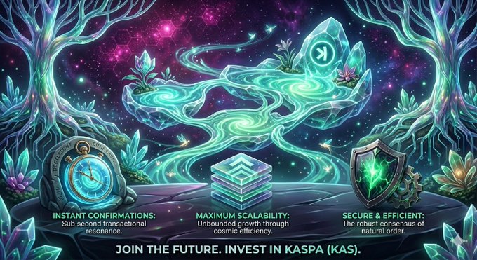 The image features an advertisement for a cryptocurrency called Kaspa (KAS). The background of the image depicts a scene from outer space with trees, rocks, and stars. There is also a clock present in the image. The text on the image promotes the idea that the old blockchain structures are inefficient and rigid compared to the natural flow of energy represented by Kaspa (KAS), which can be accessed through its user interface.