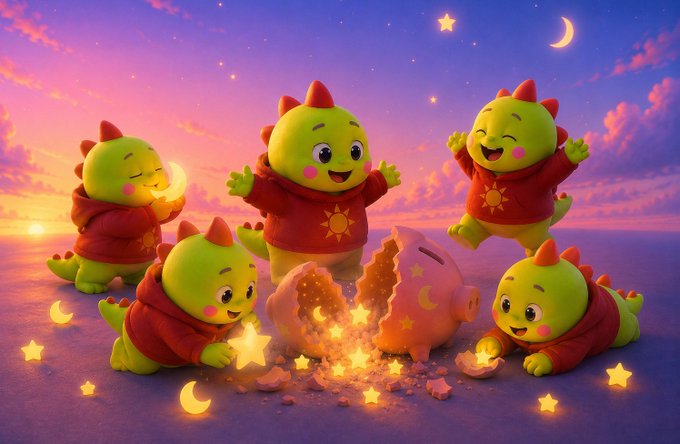 Five cute green cartoon dinosaurs in red hoodies gather around a broken glowing pink piggy bank, with star-shaped and moon-shaped objects spilling out under a sunset sky.