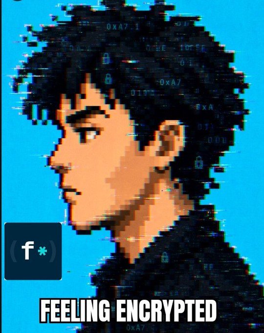 A pixelated glitch-art style image of a young man's profile with the text 'FEELING ENCRYPTED' and a logo showing '(f*)' against a bright blue background.