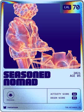 A holographic "Seasoned Nomad" trading card from MetaMask's Ten Thousand (10KTF) collection, showing a character in a chef's hat cooking, labeled LVL 70, with the post celebrating the user's decade (10-year) NFT cards.