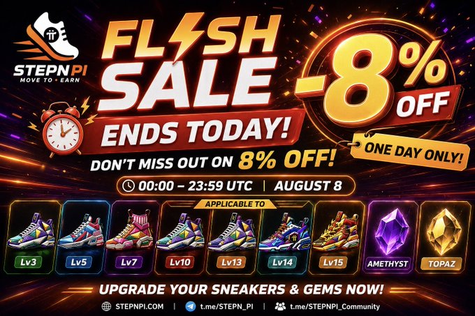 The promotional image advertises a STEPNPI "FLASH SALE" featuring 8% off Sneaker NFTs (Lv3, Lv5, Lv7, Lv10, Lv13, Lv14, Lv15) and Amethyst & Topaz gems, ending August 8 from 00:00–23:59 UTC.
