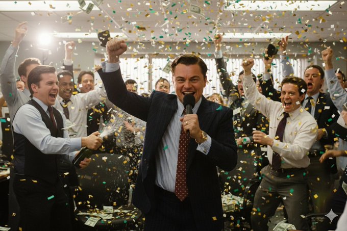 A scene of ecstatic celebration in a trading floor-style office, with men in suits cheering amid falling green and gold confetti, the central figure shouting into a microphone with a raised fist.