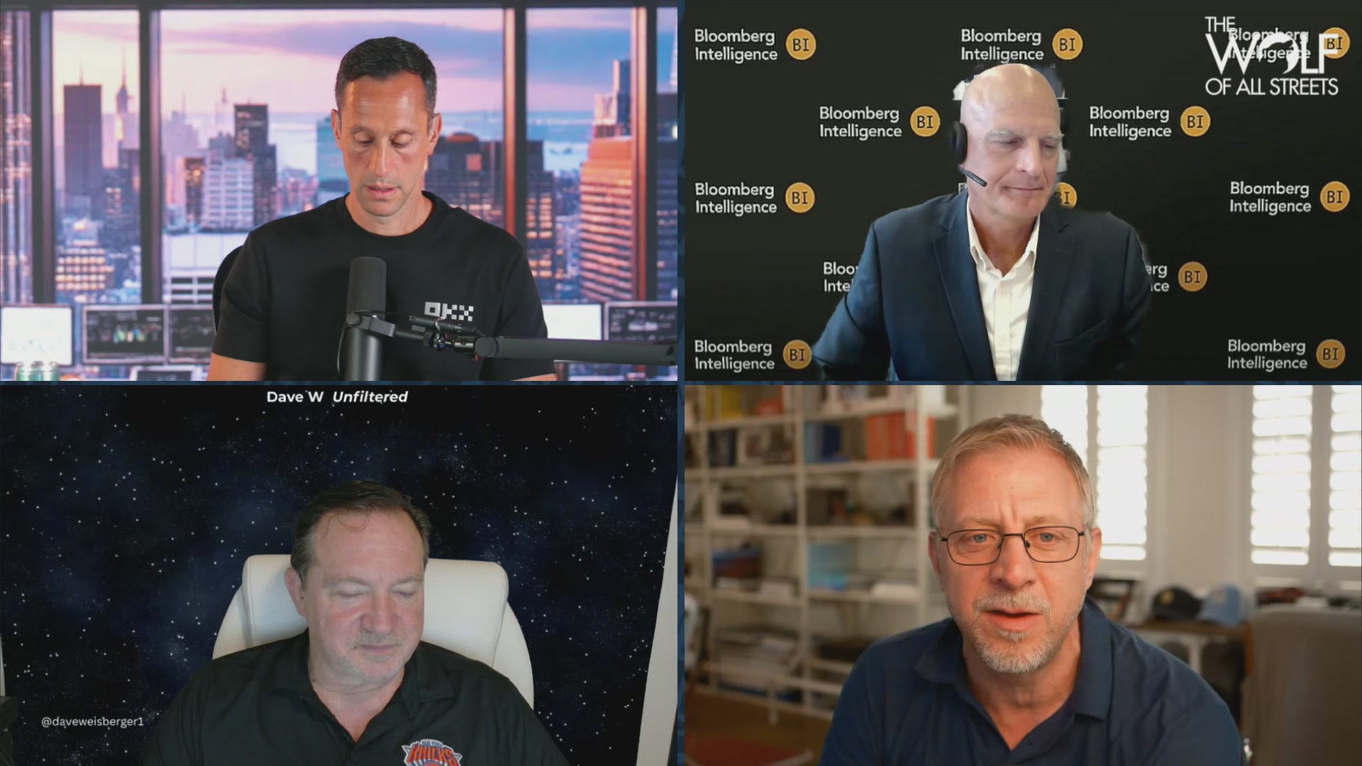 The image is a collage of four videos, each featuring two men discussing Bitcoin. They are seated around a desk, facing the camera while talking about an event where someone was selling Bitcoin for $72K (or 72 million). The background shows an impressive cityscape with skyscrapers visible through the windows in the first video.