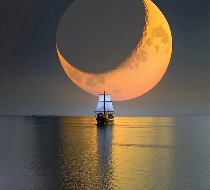 A surreal digital artwork depicts a sailing ship on calm waters beneath an enormous crescent moon glowing orange, with a starry night sky overhead.