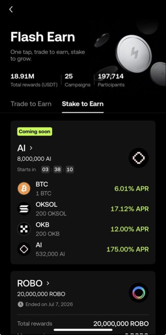 Screenshot of a crypto 'Flash Earn' app interface showing 'Stake to Earn' campaigns including AI (175.00% APR), BTC (6.01% APR), OKSOL (17.12% APR), OKB (12.00% APR), and ROBO with 18.91M total rewards.