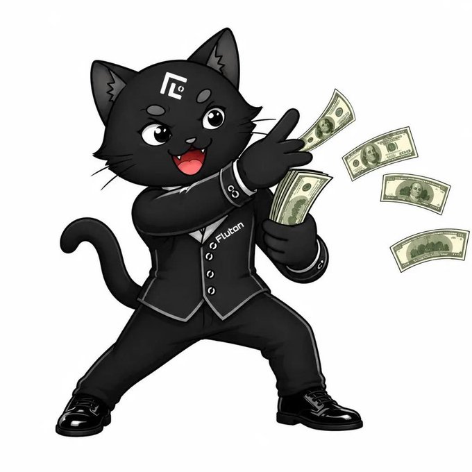 An animated black cat mascot wearing a black suit labeled 'Fluton' points upward while holding and tossing dollar bills.
