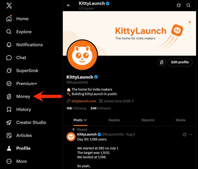 A screenshot of the KittyLaunch (@KLaunchHQ) X/Twitter profile page, with an orange arrow pointing to the 'Money' option in the left sidebar menu.