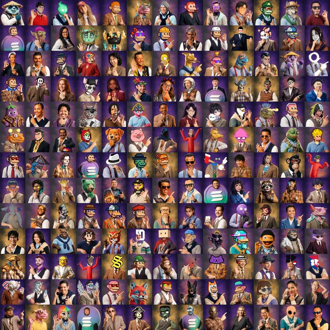 A grid collage of dozens of small portraits featuring people and colorful puppets/mascots against purple backgrounds, including various animal characters and cartoon figures.